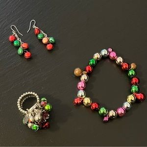 Christmas Holidays Multicolor Beaded Bells Set with Ring Earrings & Bracelet